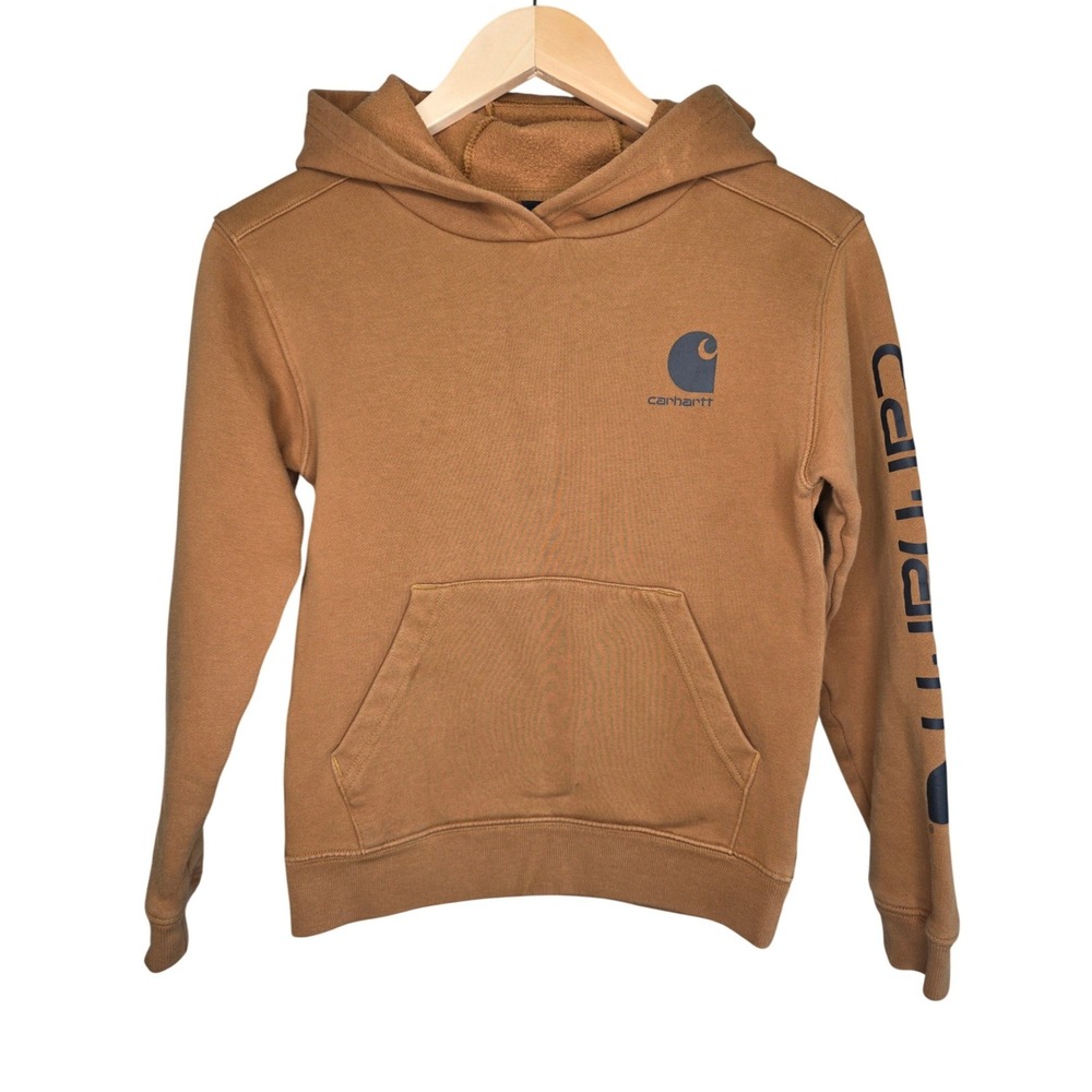 Carhartt Pullover Hoodie Kids M 10-12 Brown Logo Graphic Sleeve Workwear TS6272B